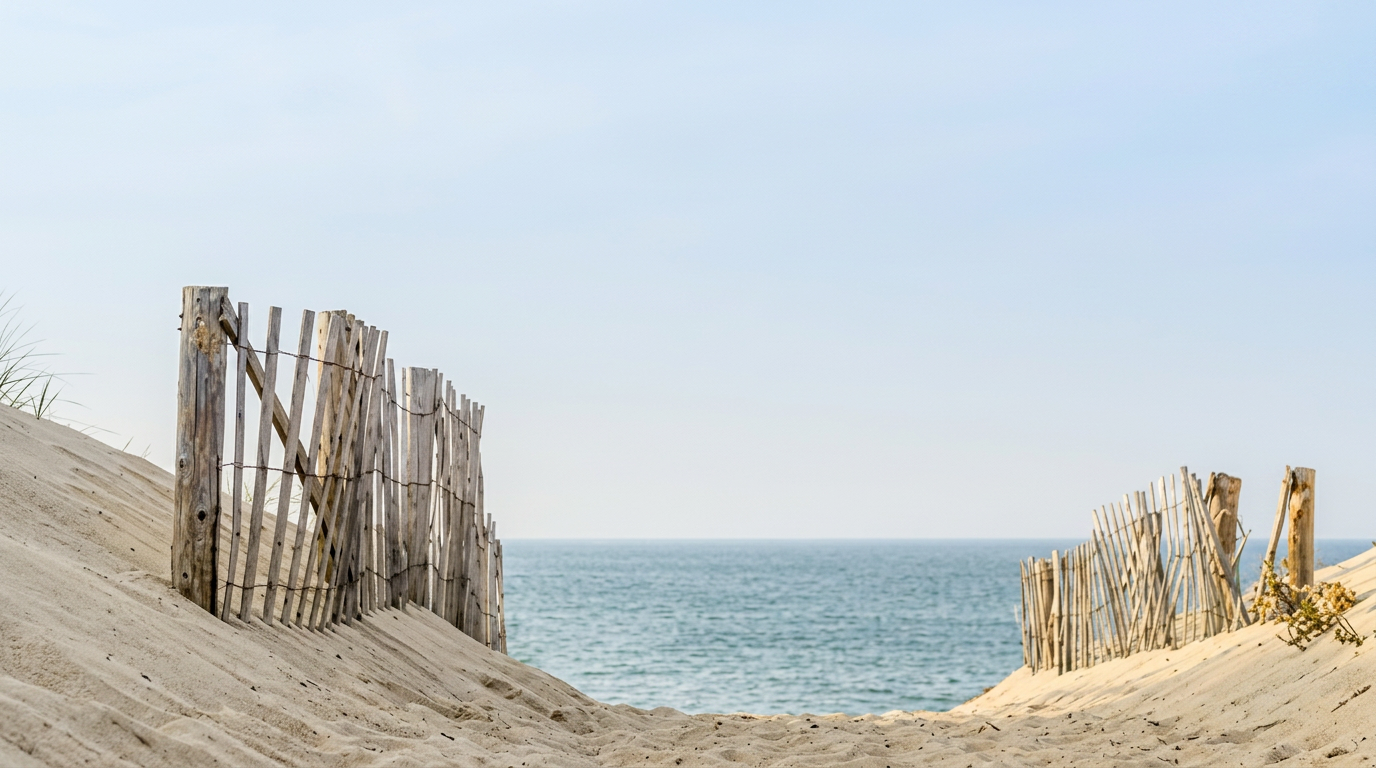 Weathered dune fence on Nantucket beach