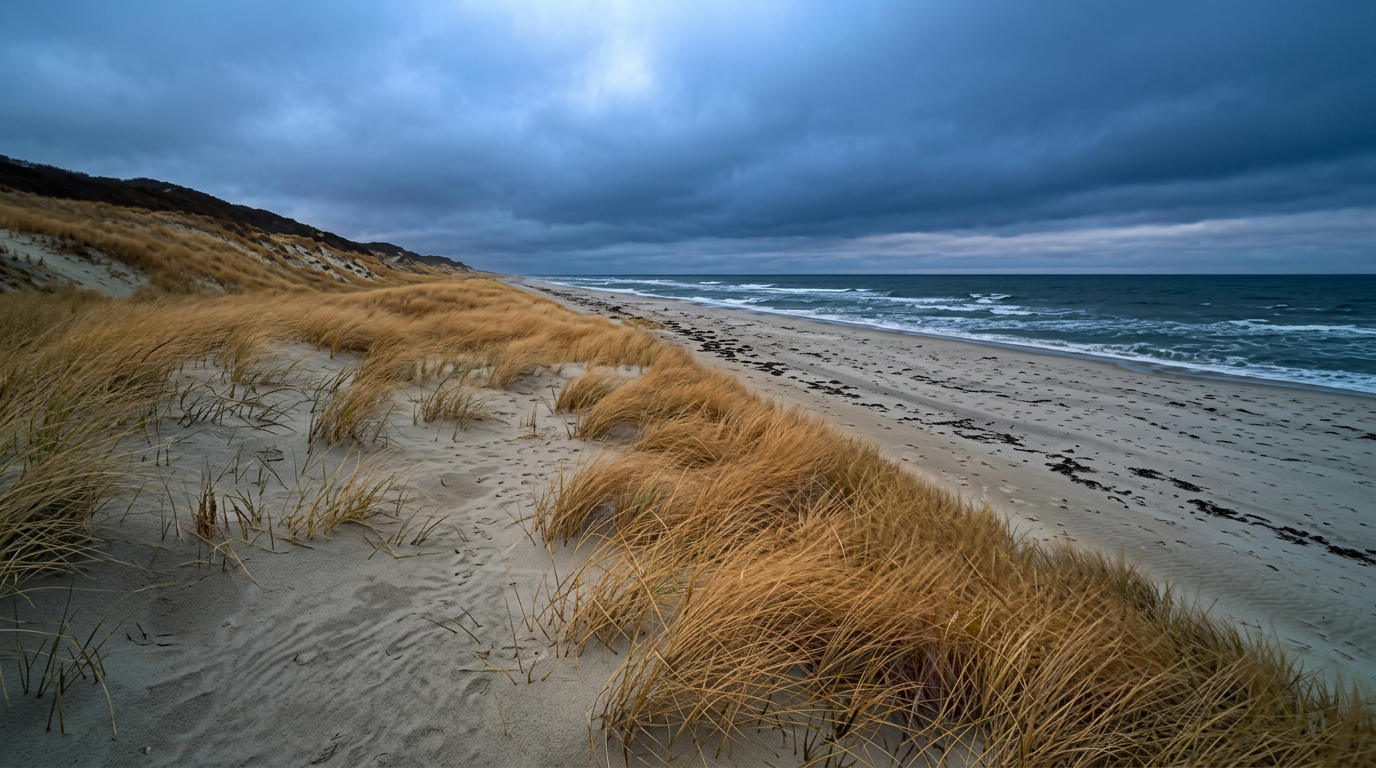 Nantucket dune beach under moody sky
